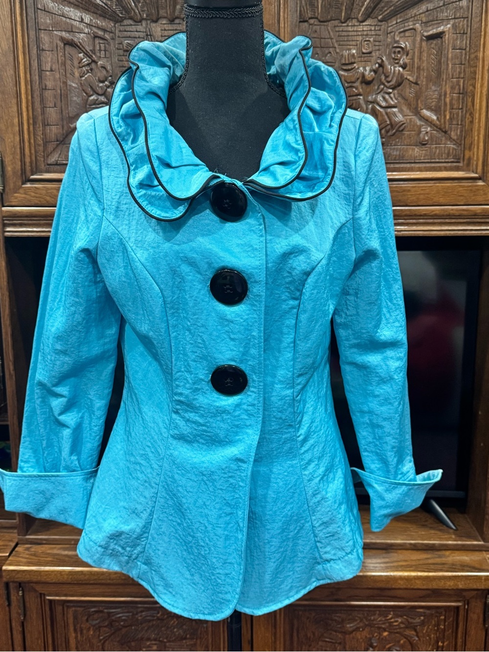 Turquoise Ruffle Collar Blazer Jacket - Picture 3 of 6